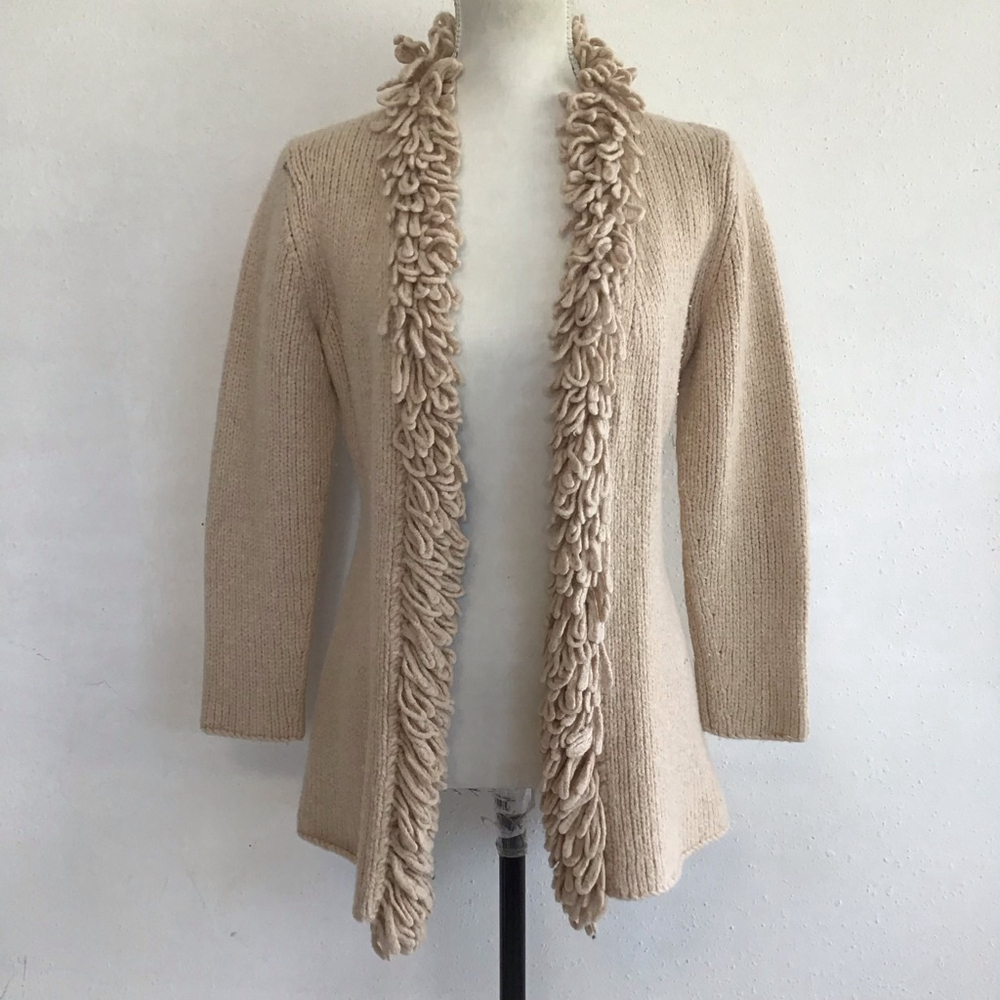 Lafayette 148 New York Women Cozy Beige loop fringe Sweater Cardigan M